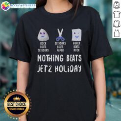 Good Nothing Beats Jet 2 Holiday tee featuring rock-paper-scissors graphic for ladies, perfect for casual wear.
