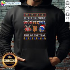 Cozy Christmas hoodie featuring San Francisco 49ers, Giants, and Warriors logos for holiday sports fans.