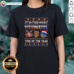 Alt Text: Christmas ladies tee featuring San Francisco 49ers, Giants, and Warriors logos perfect for holiday sports fans.