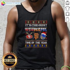 Festive tank top featuring San Francisco 49ers, Giants, and Warriors designs for the most wonderful time of Christmas.