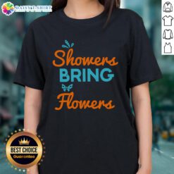 Happy April Showers Bring May Flowers Ladies Tee featuring vibrant floral design, perfect for spring fashion.