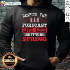 Happy Despite The Forecast hoodie featuring a cheerful spring Christmas design, perfect for festive, cozy wear.
