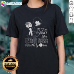 Hot Betty Boop MLB ladies tee featuring Detroit Tigers design with 'If You Don't Like Detroit Tigers, Kiss My Ass' slogan.