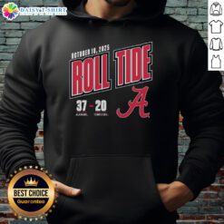 Hot Roll Tide hoodie featuring the score 37-20, Alabama Crimson Tide vs. Tennessee Volunteers, 2025 game.