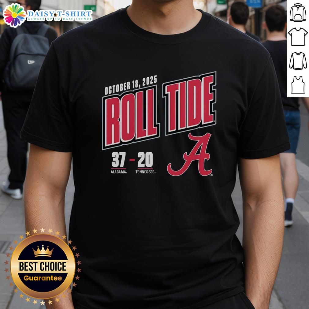 Hot Roll Tide Score 37-20 Alabama Crimson Tide Vs Tennessee Volunteers 2025 T-Shirt celebrating the football victory.