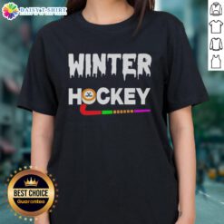Hot Winter Hockey logo on a stylish ladies tee, perfect for hockey fans looking to showcase their passion in winter wear.