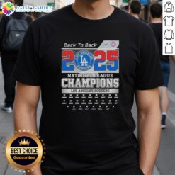 2025 Back To Back Los Angeles Dodgers National League Champions T-Shirt featuring bold team graphics and vibrant colors.
