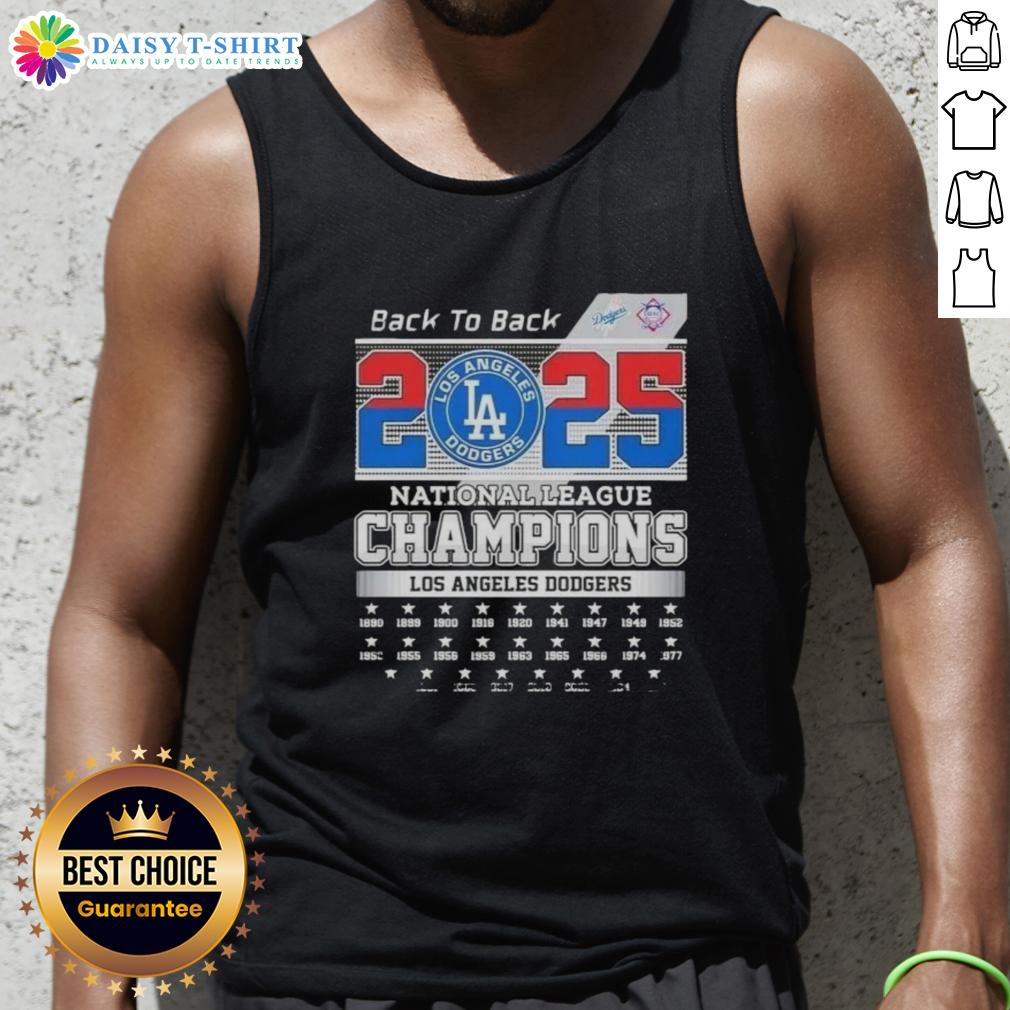 Nice 2025 Back to Back Los Angeles Dodgers National League Champions tank top featuring team logo and vibrant design.