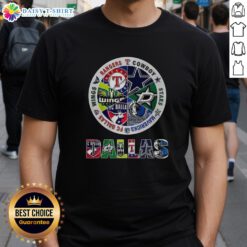 Dallas sports teams t-shirt featuring combined logos of popular teams like the Cowboys, Mavericks, and Rangers.