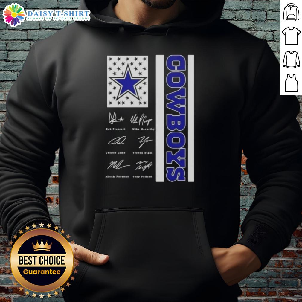 Alt Text: Dallas Cowboys hoodie featuring Dak Prescott and players' signatures with US flag design.