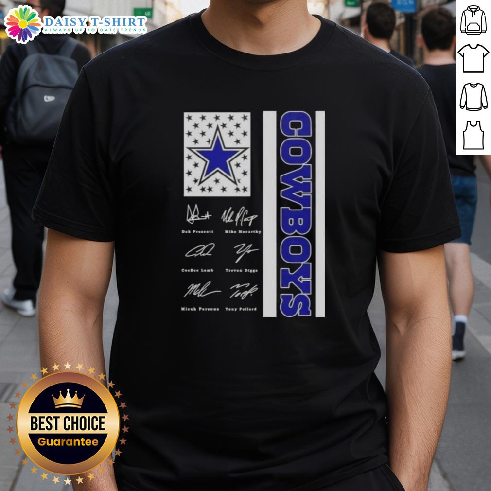 Nice Dak Prescott and Dallas Cowboys players US flag signatures T-shirt showcasing team spirit and pride.