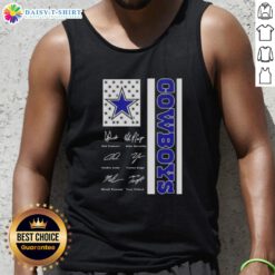 Alt Text: Dallas Cowboys tank top featuring Dak Prescott and players with US flag signatures, perfect for fans.