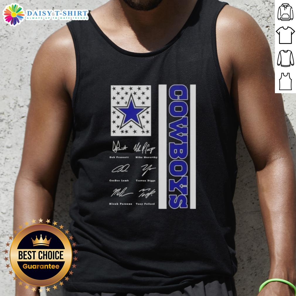 Alt Text: Dallas Cowboys tank top featuring Dak Prescott and players with US flag signatures, perfect for fans.
