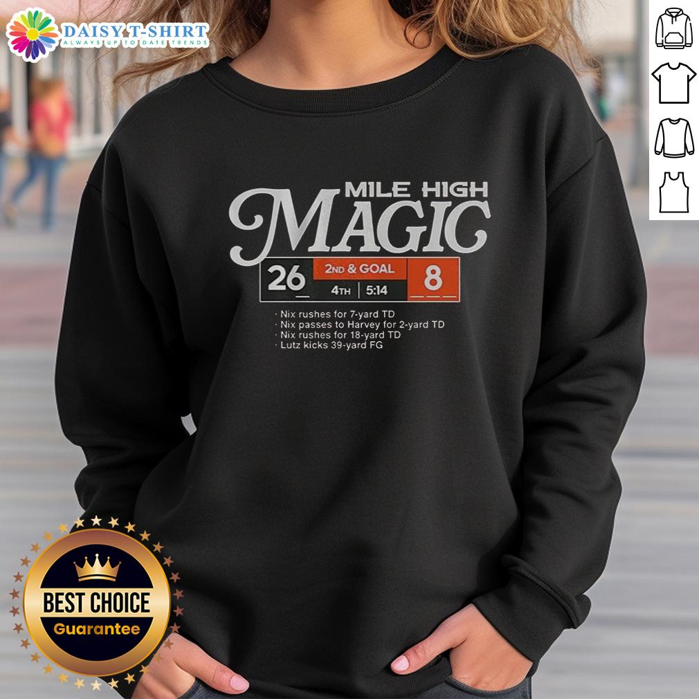 Alt Text: Cozy Denver Broncos sweatshirt featuring 'Mile High Magic' design, perfect for fans supporting their team.
