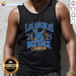 2025 National League Champions celebration baseball tank top featuring the Nice Dodgers logo and festive colors.