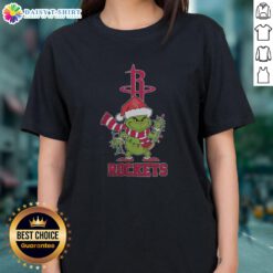 Stylish Houston Rockets Christmas Grinch Santa hat holiday tee for ladies, perfect for festive basketball fans in 2025.