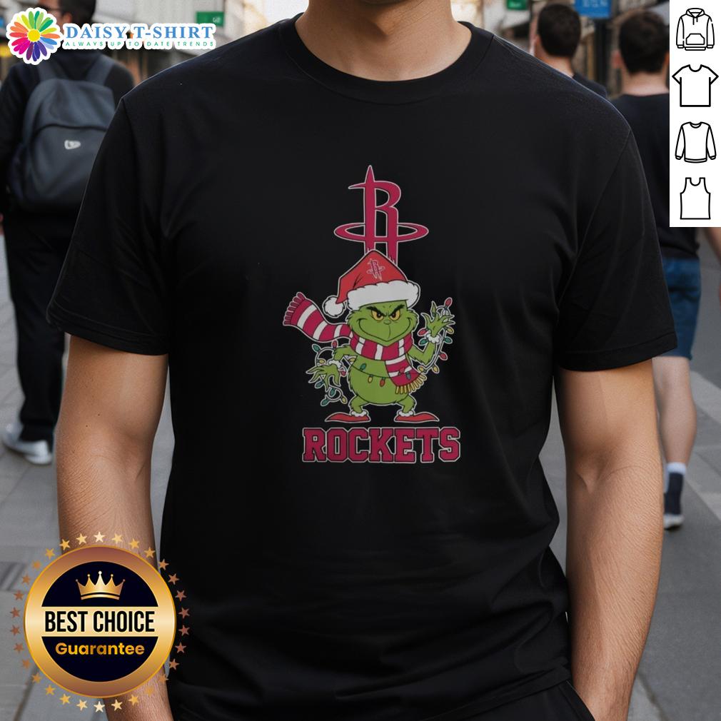 Alt Text: Houston Rockets Christmas Grinch Santa Hat Holiday 2025 T-Shirt featuring festive design for Rockets fans.
