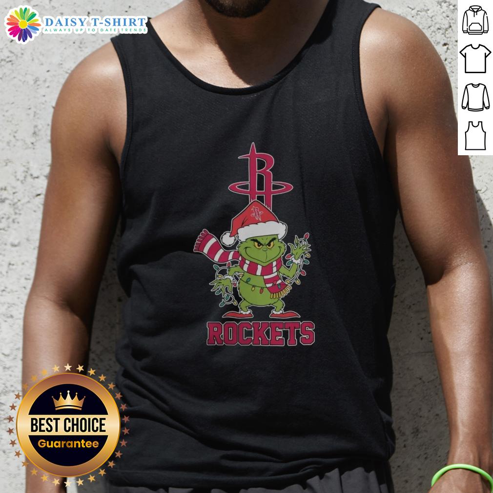 Houston Rockets Christmas Grinch tank top with Santa hat for holiday 2025, perfect for festive fans.