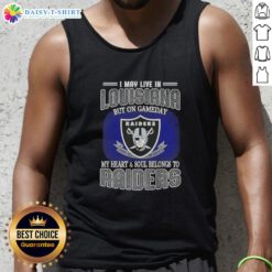 Alt Text: Woman wearing a Raiders tank top, showcasing pride with the phrase 'My Heart and Soul Belongs to Raiders' in Louisiana.