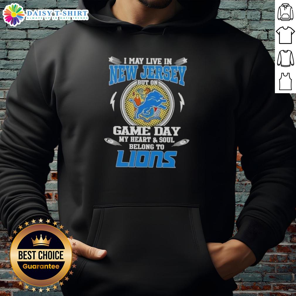 Person wearing a Detroit Lions hoodie, showcasing pride for the team despite living in New Jersey on game day.