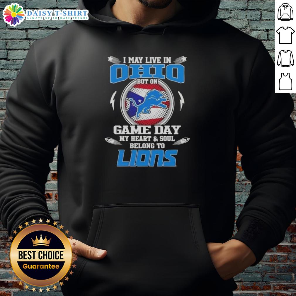 Person wearing a Detroit Lions hoodie, showing team spirit on game day, despite living in Ohio.