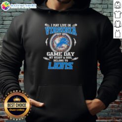 Detroit Lions hoodie with 'I may live in Virginia, but my heart belongs to the Lions' slogan, perfect for game day.