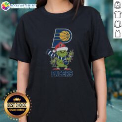Nice Indiana Pacers Christmas Grinch Santa Hat Holiday 2025 ladies tee featuring festive design and team colors.