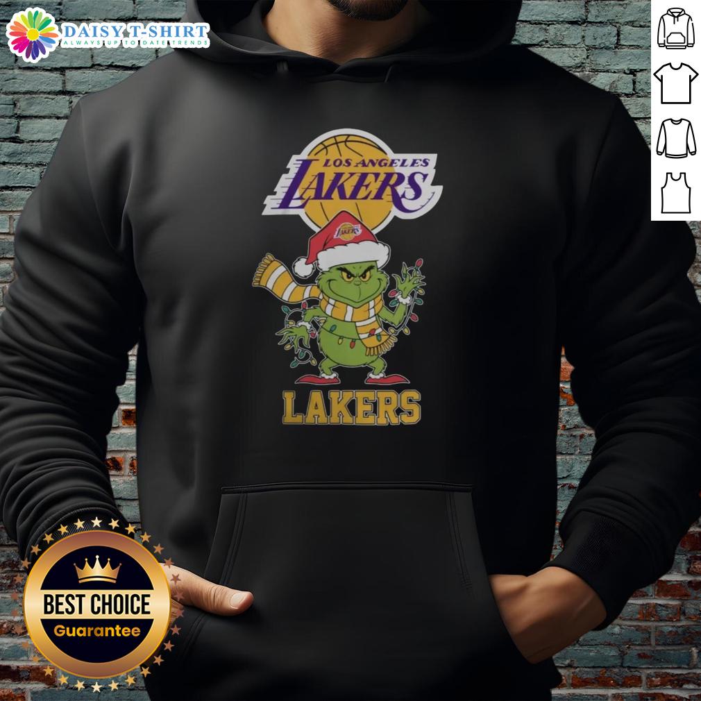 Los Angeles Lakers Christmas Grinch Santa Hat hoodie for holiday 2025, featuring vibrant team colors and festive design.
