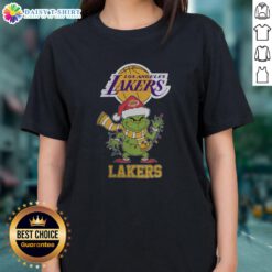 Los Angeles Lakers Christmas Grinch Santa Hat holiday 2025 ladies tee, perfect for festive Lakers fans.