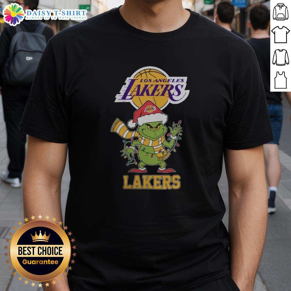 Los Angeles Lakers Christmas Grinch Santa Hat T-Shirt for Holiday 2025, featuring vibrant team colors and festive design.