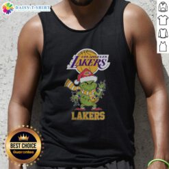2025 Los Angeles Lakers Christmas Grinch tank top with Santa hat, perfect for holiday celebrations and basketball fans.