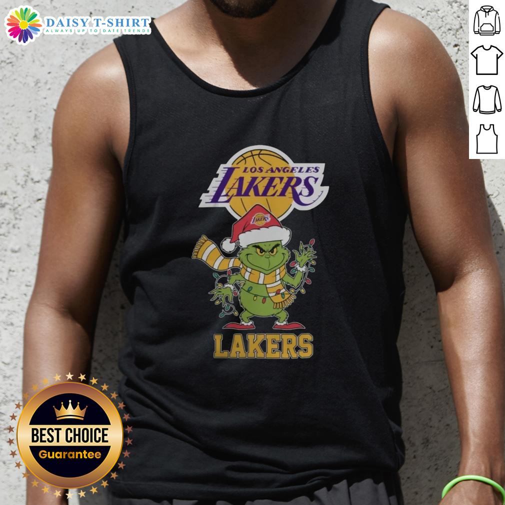 2025 Los Angeles Lakers Christmas Grinch tank top with Santa hat, perfect for holiday celebrations and basketball fans.