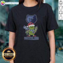 Alt Text: Ladies' Nice Memphis Grizzlies Christmas Grinch Santa Hat Holiday Tee for 2025, perfect for festive basketball fans.
