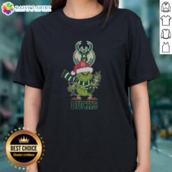 Milwaukee Bucks Christmas Grinch Santa hat holiday ladies tee for 2025, perfect festive apparel for basketball fans.