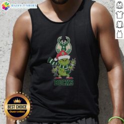 Stylish Milwaukee Bucks Christmas Grinch Santa Hat tank top for holiday 2025, perfect for festive basketball fans.