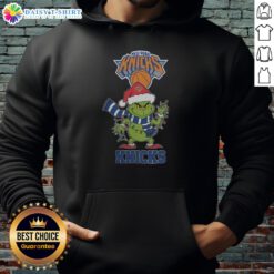 NY Knicks Christmas Grinch Santa hat holiday hoodie for 2025, featuring festive design and team logo.