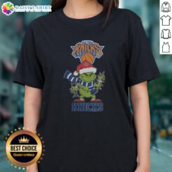 2025 Ladies Tee featuring New York Knicks design with Christmas Grinch Santa Hat for holiday cheer.