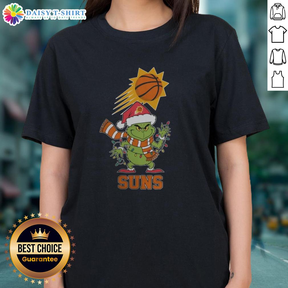 Phoenix Suns Christmas Grinch Santa Hat holiday tee for ladies, perfect for festive basketball fans in 2025.