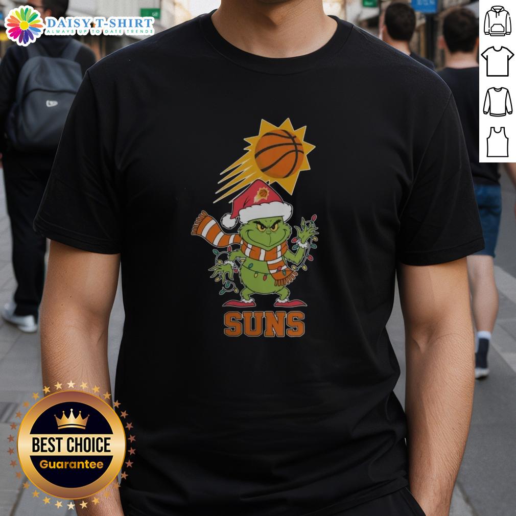Alt Text: Phoenix Suns Christmas Grinch Santa Hat T-Shirt 2025, perfect for holiday fans and festive basketball enthusiasts.