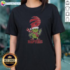Toronto Raptors Christmas Grinch Santa Hat holiday tee for ladies, perfect for festive sports fans in 2025.