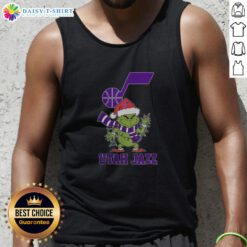 Festive Nice Utah Jazz Christmas tank top featuring a Grinch design and Santa hat for the 2025 holiday season.
