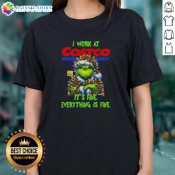 Official Grinch Christmas Tree tee from Costco Wholesale, featuring 'I Work At Its Fine, Everything Is Fine' design.
