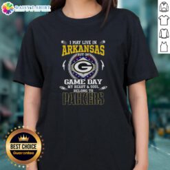 Green Bay Packers ladies tee showcasing 'I May Live In Arkansas But On Game Day My Heart Belongs To Packers' design.