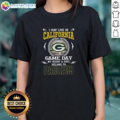 Green Bay Packers ladies tee with 'I May Live In California, But On Game Day My Heart Belongs To Green Bay' slogan.