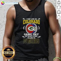 Green Bay Packers tank top with text 'I may live in Colorado, but on game day, my heart belongs to Packers.'