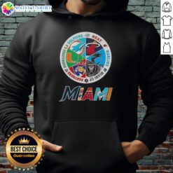 Official Miami All Sports hoodie featuring logos of Dolphins, Heat, Marlins, Miami FC, Panthers, and Hurricanes.