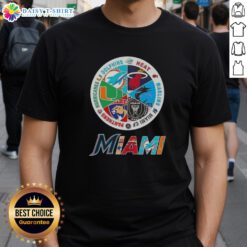 Alt Text: Official Miami All Sports T-Shirt featuring Dolphins, Heat, Marlins, Miami FC, Panthers, and Hurricanes logos.