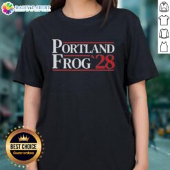 Alt Text: Official Portland Frog 2028 Ladies Tee featuring vibrant design and comfortable fit, perfect for fans and casual wear.