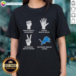 Official Detroit Lions ladies tee featuring 'Rock Beats Scissors, Paper Beats Rock, Scissors Beats Paper' design.