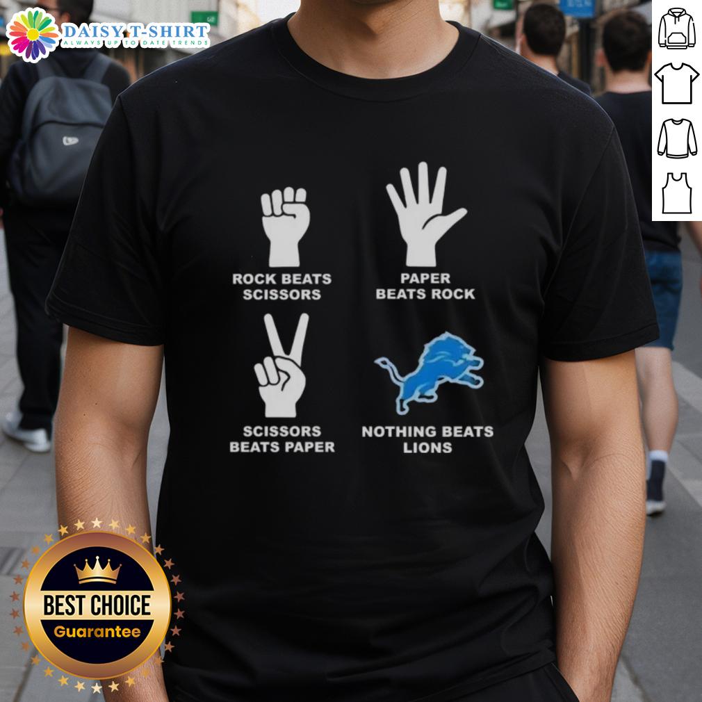 Official Detroit Lions T-Shirt featuring 'Rock Beats Scissors, Paper Beats Rock, Scissors Beats Paper' design.